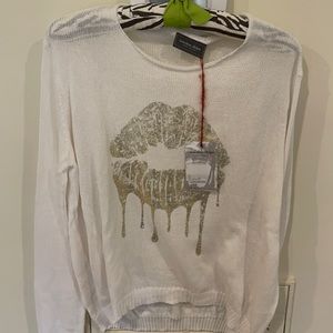 Wooden Ships White cotton sweater with gold lips